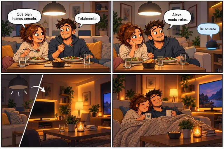 Viñeta: escena relax al llegar a casa