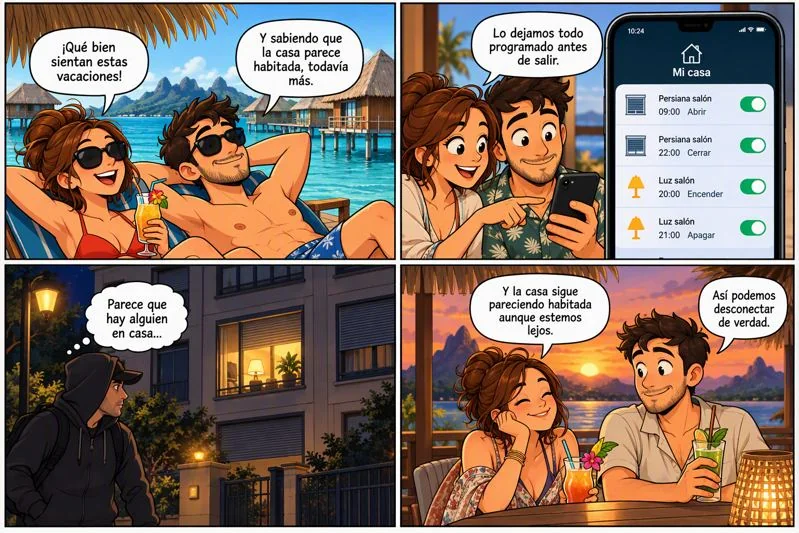 Viñeta: casa que parece habitada durante las vacaciones